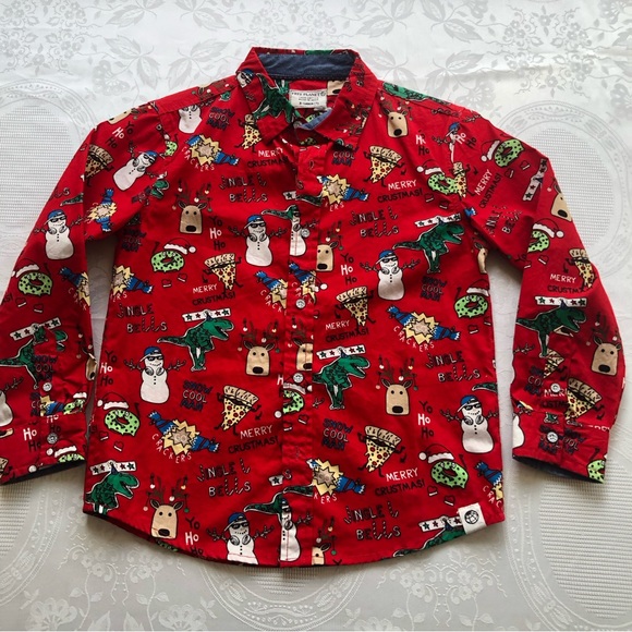 Free Planet Little Boys Size 7 (XL) Red Christmas Shirt Long Sleeves Button-Up - Picture 13 of 14